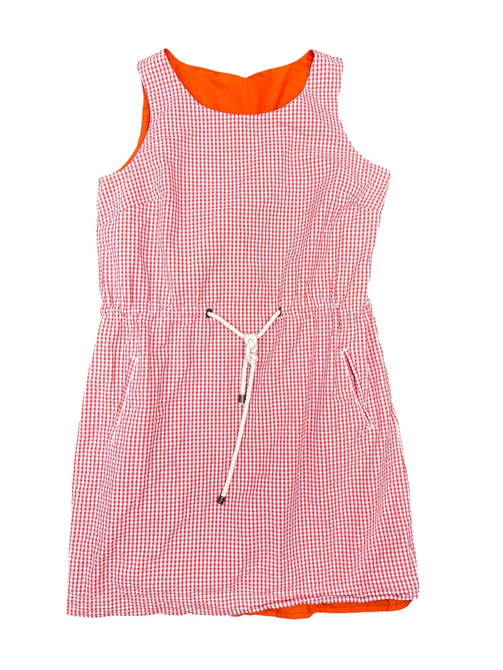 Lands End Medium 10 Orange White Gingham Sleeveless Dress Rope Tie Pockets Lined